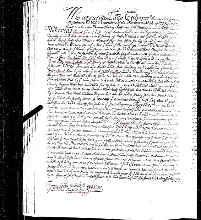 1707 June 8 Thomas Goin recv 653a land near Ousley land in Stafford Co Va