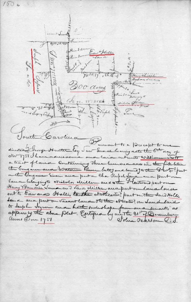 1751 William Scott adj to Edward Hollis on Wateree in SC marked
