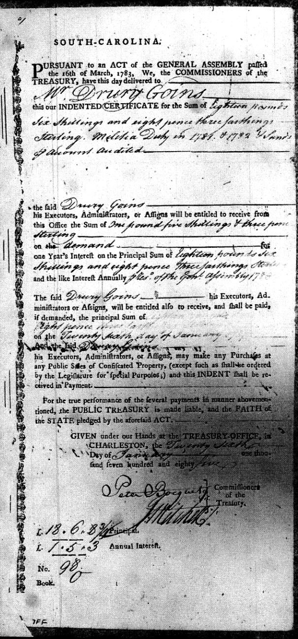 1781 and 1782 indents for service of Drury Goins during Revolution