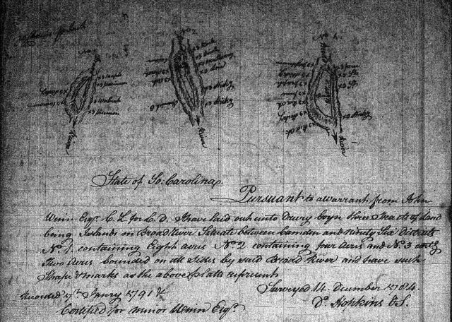 1784 Goyen, Drury plat survey in Fairfield SC three islands in the Broad River snipped