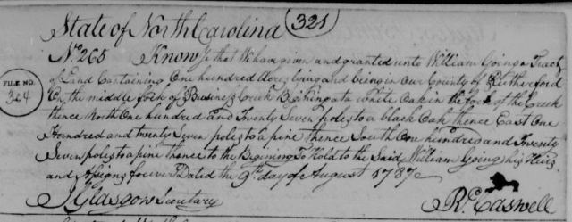 1787 William Going receives 100 acres in Rutherford Co NC