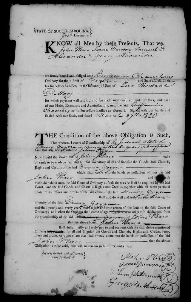 1820 Goyen, Drury in York SC as minor having John Plaxco appt as guardian 2
