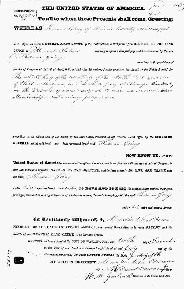 1840 20936 cert numbeer for 1840 Land Grant for Thomas Going in Choctaw Miss