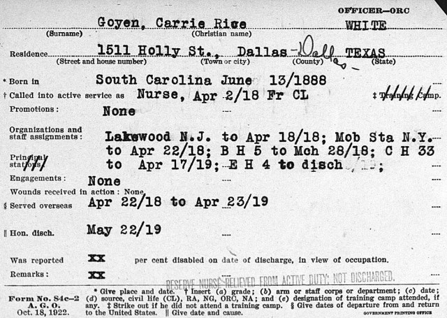 1919 Nurse in WWI for Carrie Rice