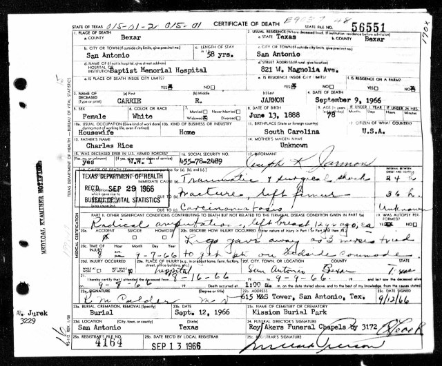 1966 Death Certificate for Carrie Rice