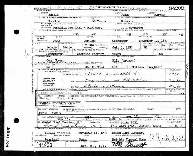 1977 Death Certificate