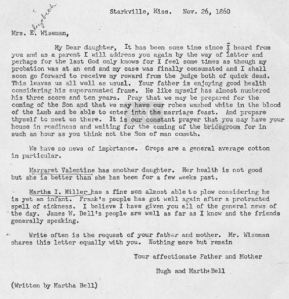 Hugh and Martha Bell letter to Elizabeth Wiseman in Nov 1860 transcript only