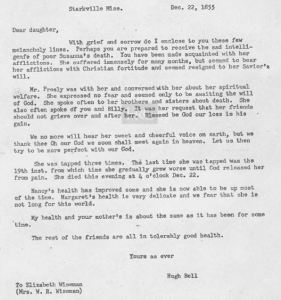 Hugh Bell letter to Elizabeth Wiseman and William Wiseman in Dec 1855 transcript only