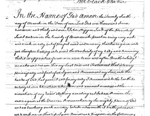 jno nipper will 1736 witnessed by Cornelius Keith in Bruns Va 1
