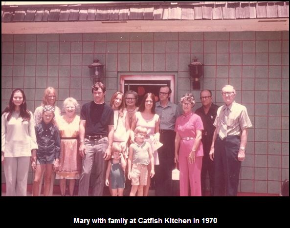 Mary Louise, sister Kathryn, and their families with Nanny and Alfred Foote in 1970 outside Catfish Kitchen