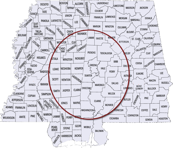 Mississippi and Alabama counties on map