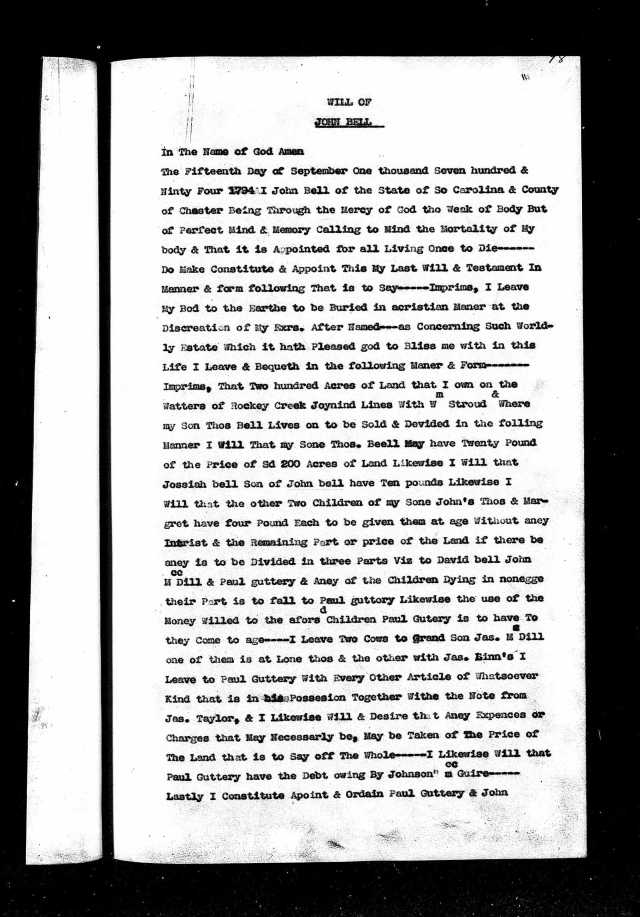 1794 John Bell will in Chester SC p1