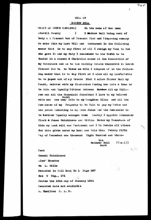 1804 Mathew Bell transcribed will Fairfield