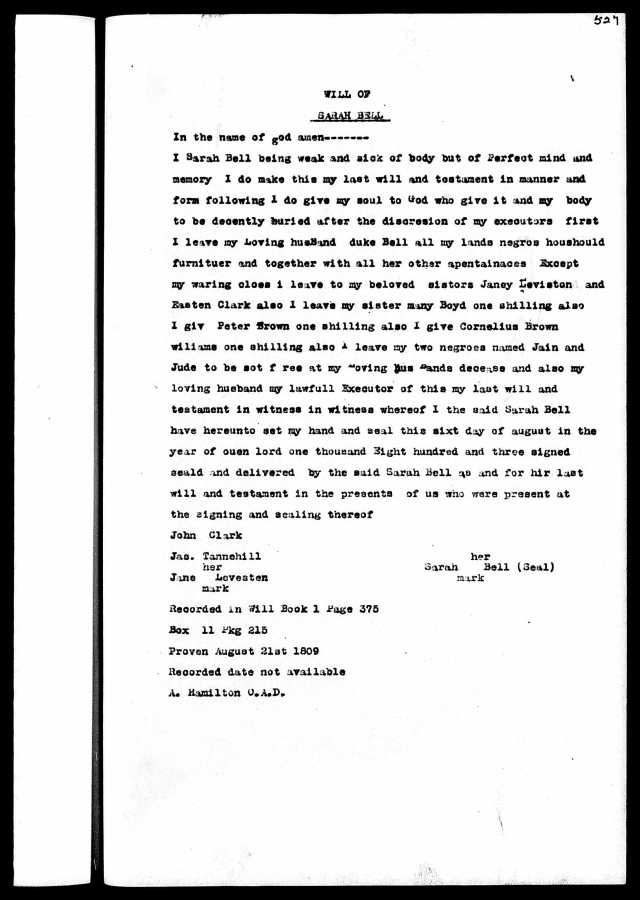 1809 Sarah Bell will SC