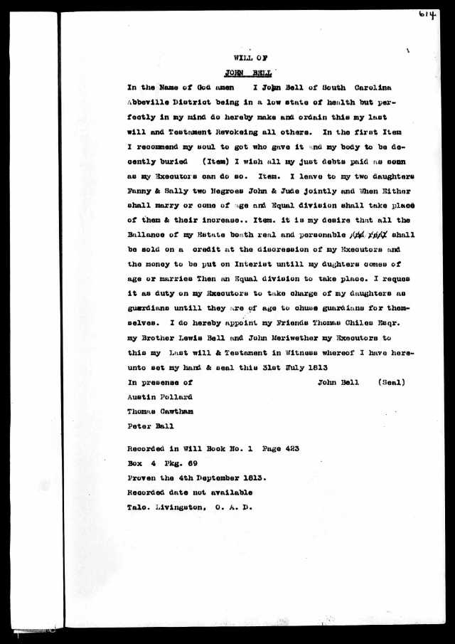 1813 John Bell will SC