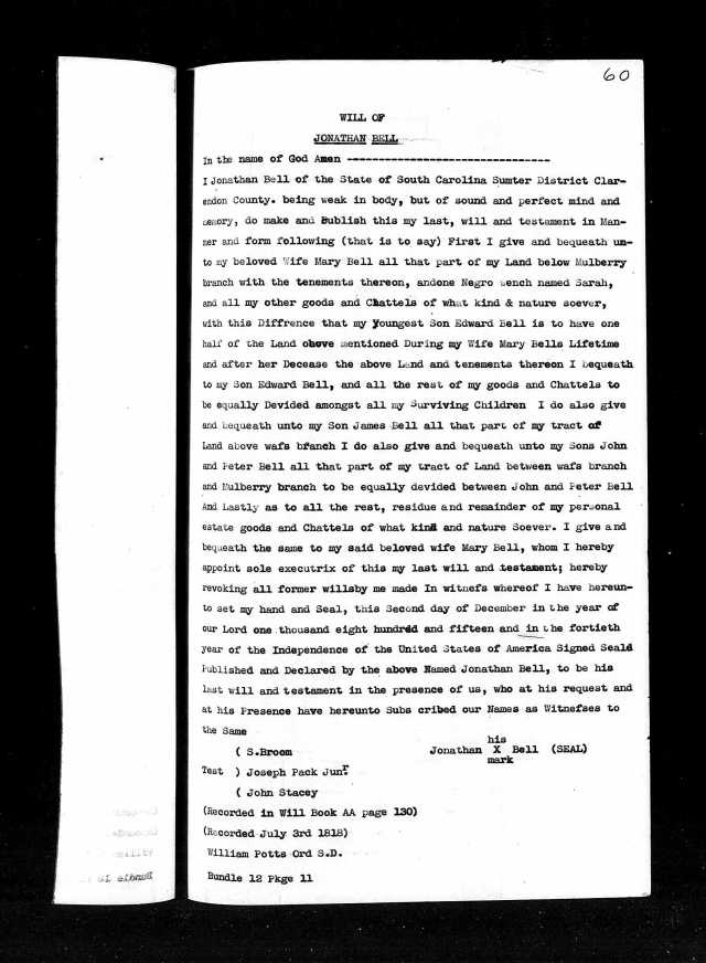 1815 Jonathan Bell will SC