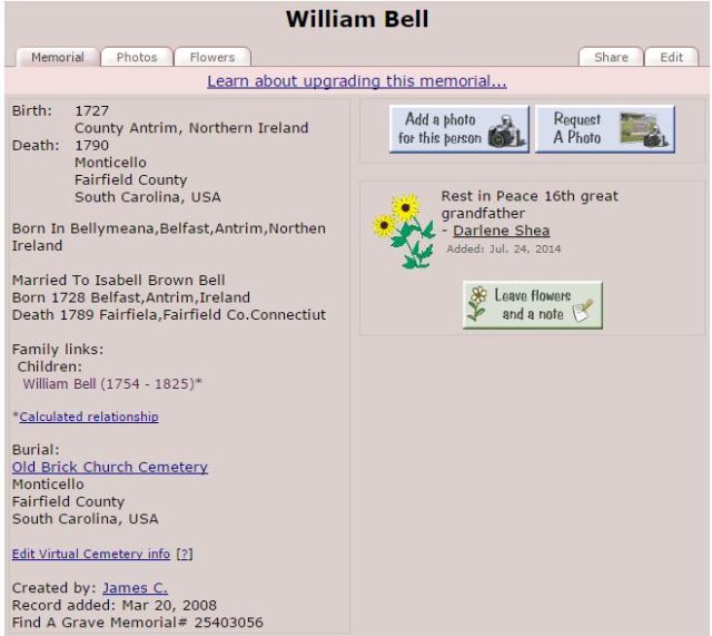 1727 WIlliam Bell find a grave page