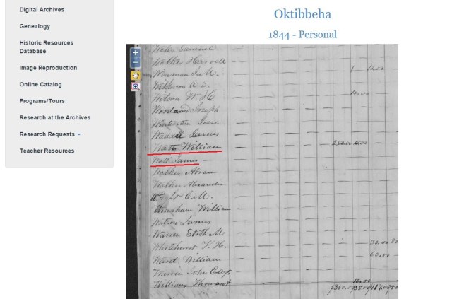 1844 Oktibbeha Co tax roll w William and James Watt 