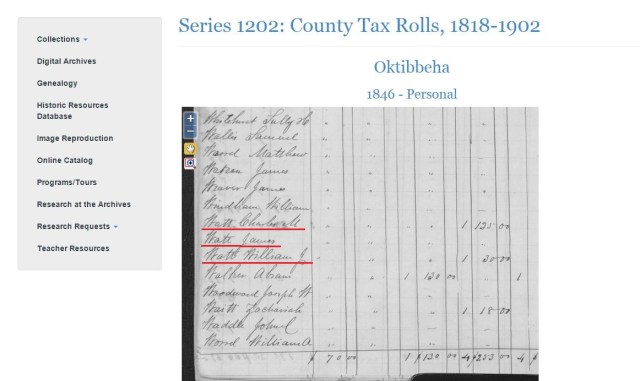 1846 Oktibbeha Co tax rolls w Charles M and James and William J Watt 