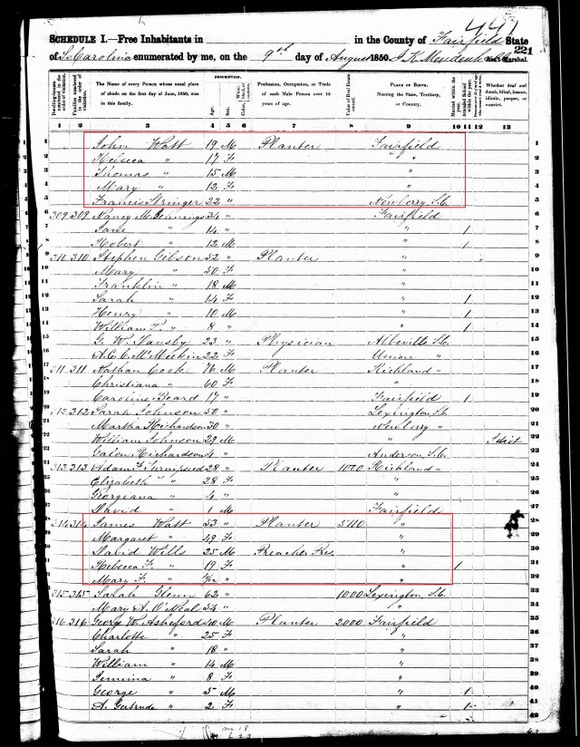 1850 US Census James Watt in Fairfield SC 