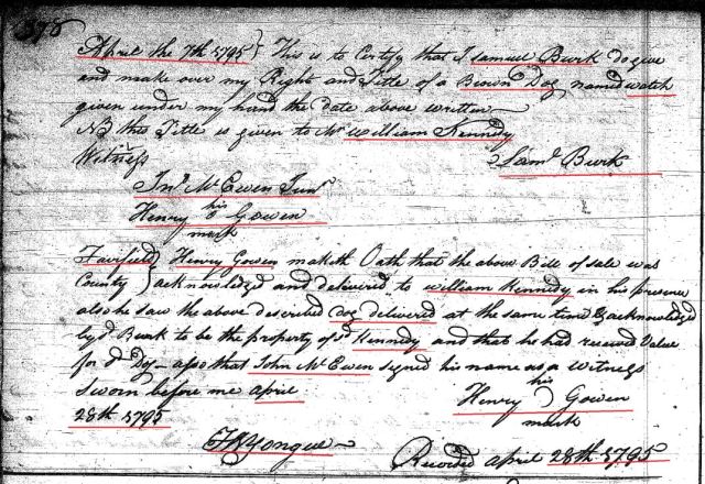 1795 Deed_I_0378a Samuel Burk conveys brown dog to Henry Gowen Fairfield SC marked snip