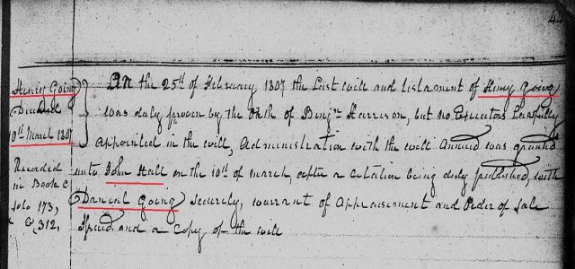 1807 Henry Going court mins John Hall and Daniel Going security and John Hall admin in Fairfield Co SC