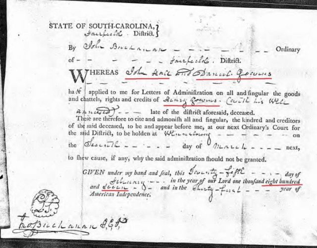 1807 Henry Going letters of admin for John Hall and Daniel Gowins in probate