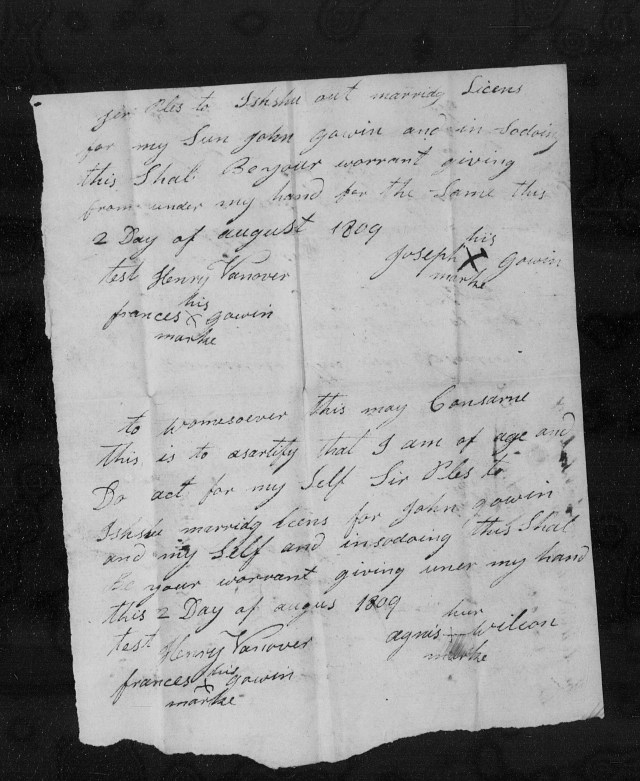 1809 Ky Madison Co John Gowin married Agnes Wilson and Jos Gowin father gave permission