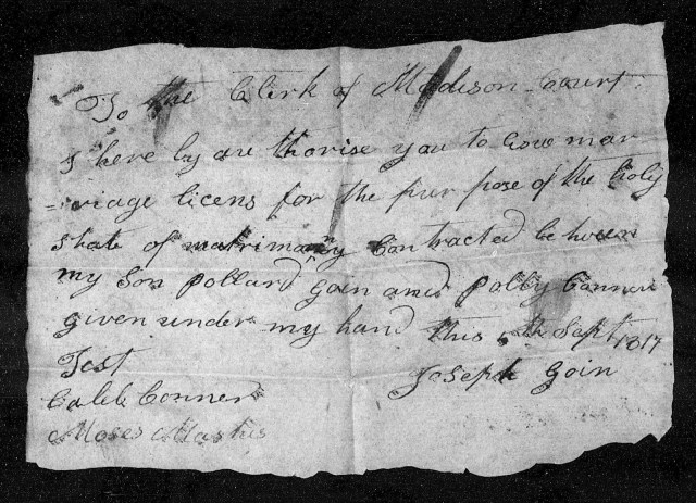 1817 KY Madison Co Joseph Goin giving his son Pollard Goin for marriage to Polly Conner daughter of Caleb Conner p1