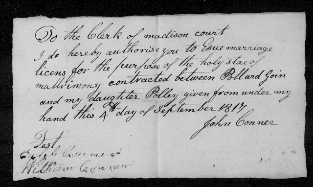 1817 KY Madison Co Joseph Goin giving his son Pollard Goin for marriage to Polly Conner daughter of Caleb Conner p3