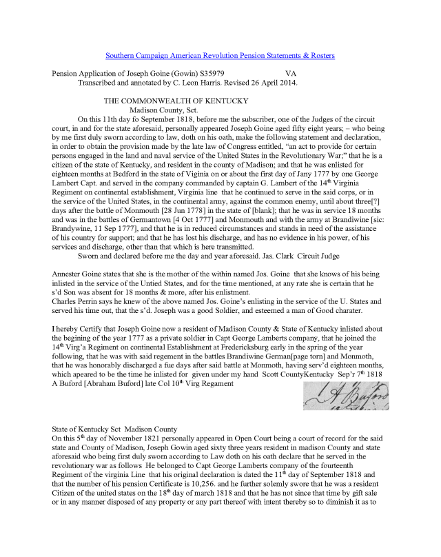 1818 KY Joseph Goine rev war pension app enlist in Bedford Co Va_Page_1