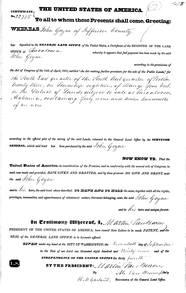 1839 Goyne, John in Jefferson County Alabama land grant