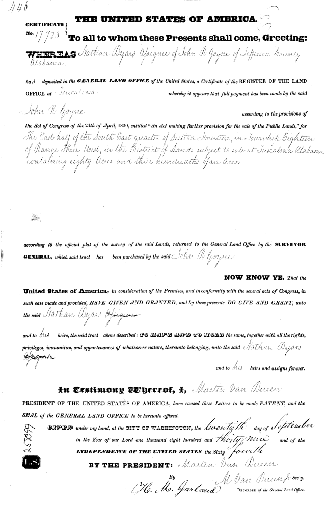 1839 Goyne, John R in Jefferson County Alabama Land Grant w Nathan Byars