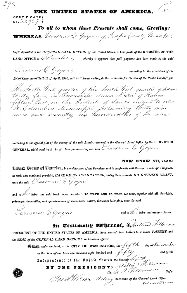 1850 Land Grant in Kemper Miss to Erasmus C Goyne