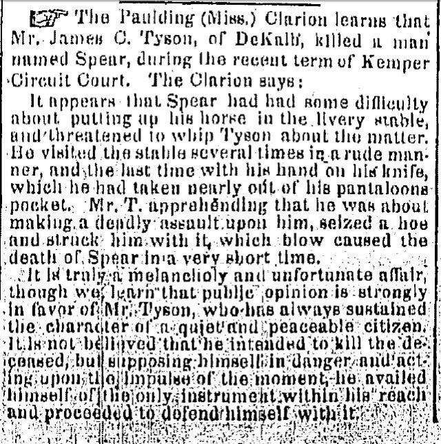 1853 April 14 James C Tyson killed a Spear in a stable dispute