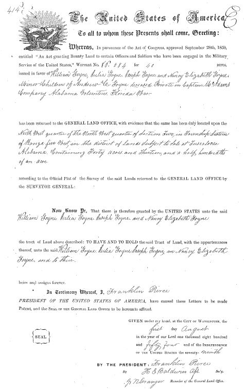 1854 Goyne, Andrew C Jefferson land grant kids