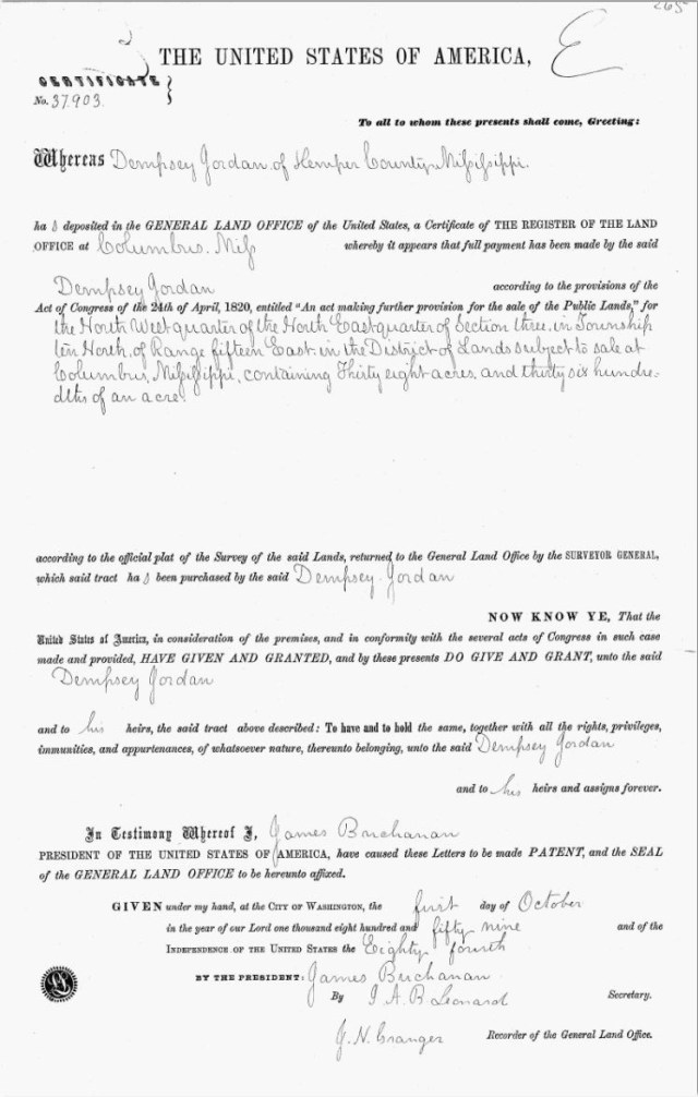 1859 Kemper Co land grant to Dempsey Jordan 1