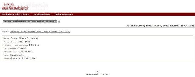 1864 - 1866 Guardian of Nancy E Goyne by B E Grace