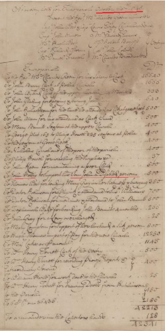 1745 John Hollis pmt for disabled son John in Truro Parish vestrybook marked snip