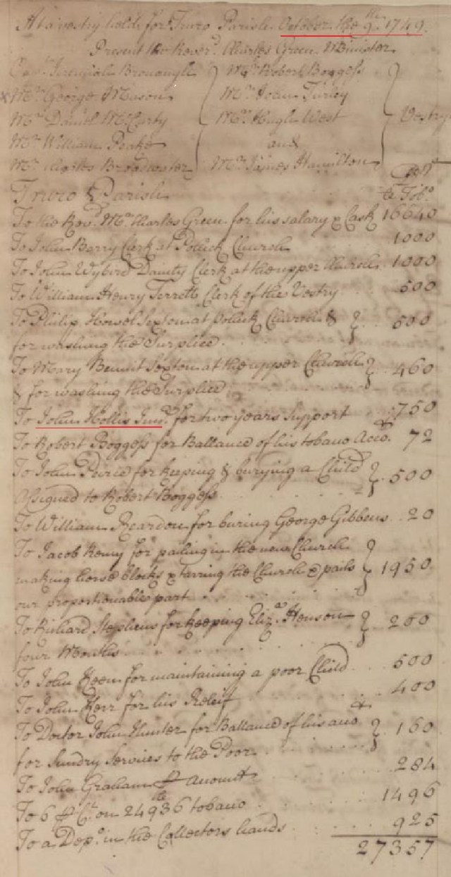 1749 Oct pmt for John Hollis Jr for two years support in Truro Parish snip