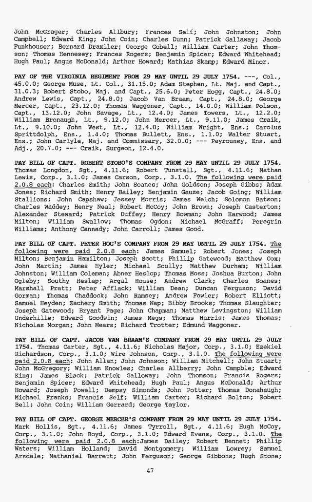 1754 Jul 29 Mark Hollis Sgt on Capt Geo Mercers Co from 29 May to Jul 29 in Va