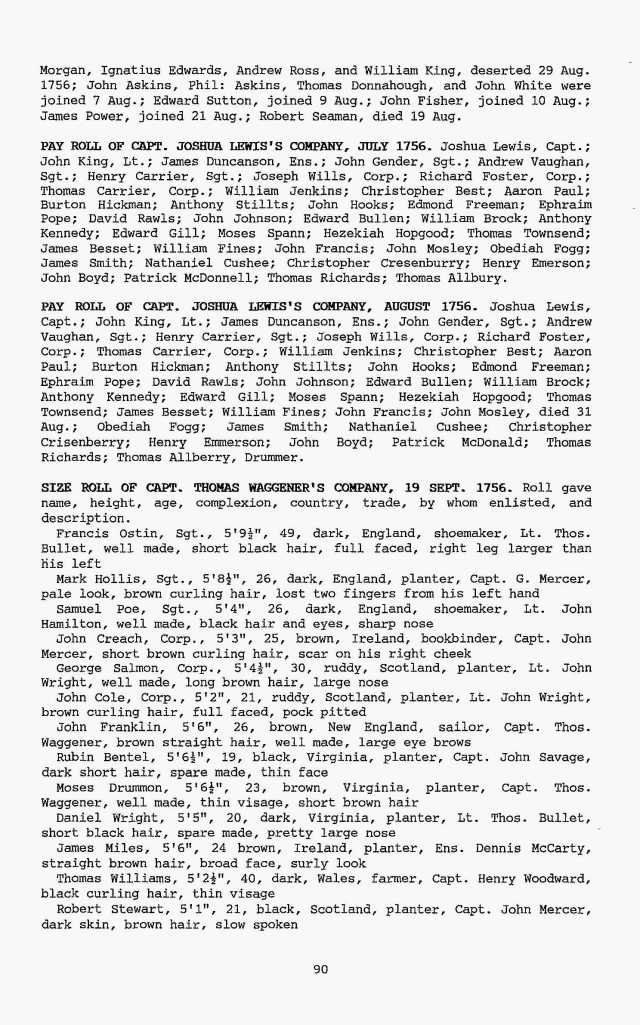 1756 Sept 19 desc of Sg Mark Hollis 26yrs 5ft 8and half dark England planter