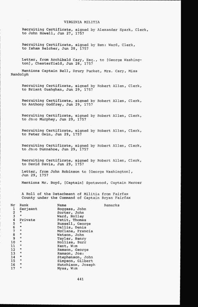 1757 Burr Hollis in Virginia Militia from Fairfax Va