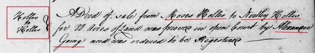 1761 Feb Moses Hollis conveys 80 acres of land to Notley Hollis proved by oath of Alexander Gowing in Orange Co, NC