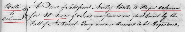1762 May Neetley or Notley Hollis conveys 80 acres of land to Roger Adkinson proved by oath of Nathaniel Terry in Orange Co NC