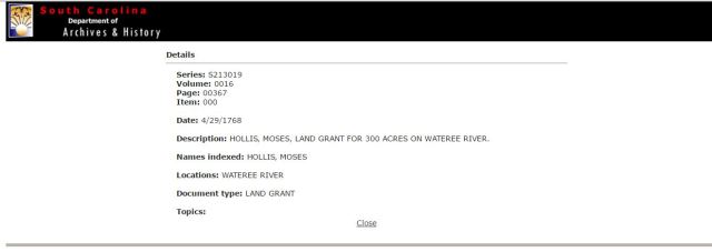1768 land grant 300a to Moses Hollis on Wateree R in SC