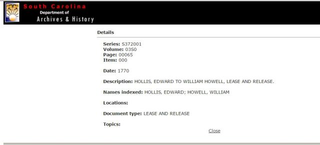1770 Edward Hollis to William Howell lease and release in SC