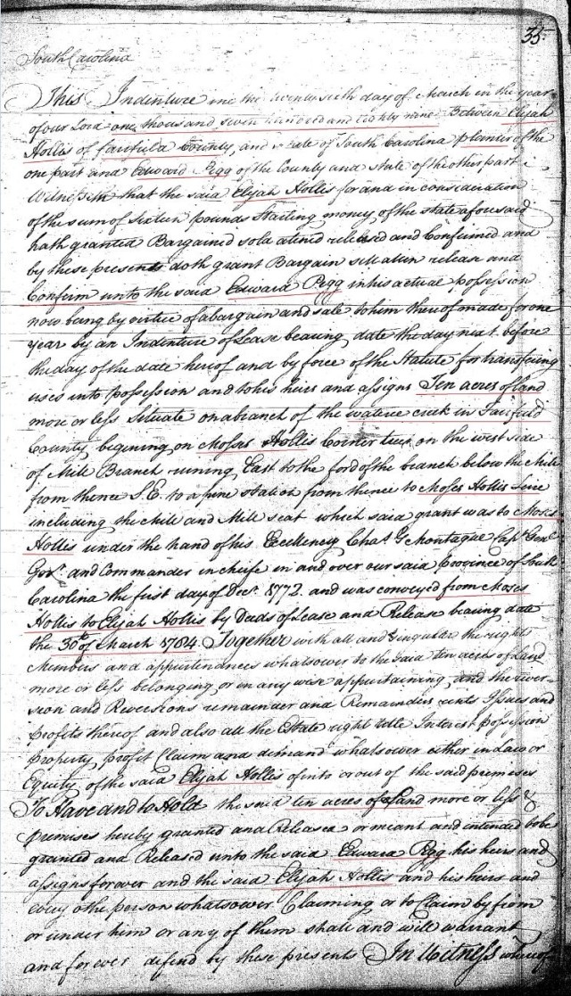 1789 Deed book F p 35a Elijah Hollis to Ed Pigg prior Moses Hollis wits John Hollis Fairfield SC p1 snip