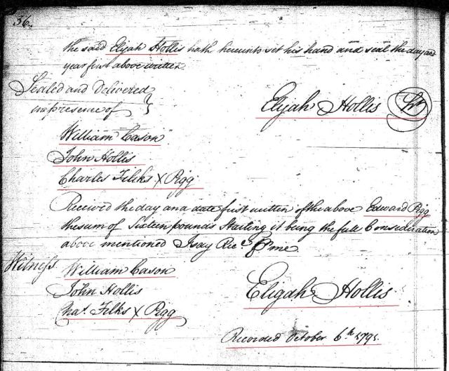 1789 Deed book F p 35a Elijah Hollis to Ed Pigg prior Moses Hollis wits John Hollis Fairfield SC p2