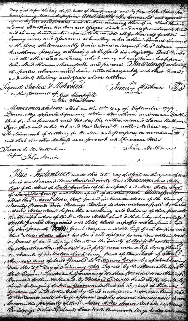 1793 Deed Moses Hollis Sr 100a to Moses Hollis Jr wit Berry John and Elijah Hollis prev granted William Goyen 300a in 1769 Fairfield Co, SC p1 marked